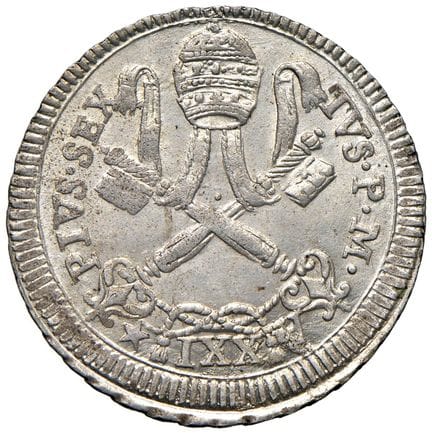 教皇钱币——庇护六世（1775-1799）1795年25拜奥基 安年XXI - 铸币编号66a MI