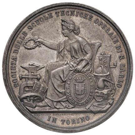 奖章 - 都灵 圣卡洛工人技术学校协会 1875-1876年奖章 第二年雕塑类一等奖，获奖者：皮耶特