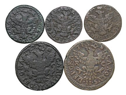 莱奥·文森佐收藏  - 巴勒莫 哈布斯堡王朝的卡洛二世（1665-1700） 5枚钱币套装：格拉诺 