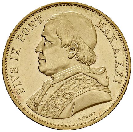 教皇硬币——庇护九世（1846-1878）100里拉 1866年 第21年 - 编号38 AU（32
