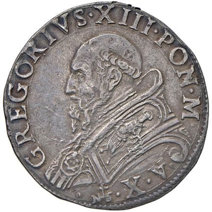 教皇钱币——格雷戈里十三世（1572-1585）大头像币，第X年——铸币量50 AG（9.33克）R