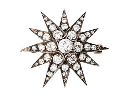 BROCHE, Stern, Silber/9K-Gold, Diamanten im Old-Mi