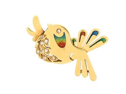 BROOCH, 18K Gold, in Form eines Vogels, 8 Diamante