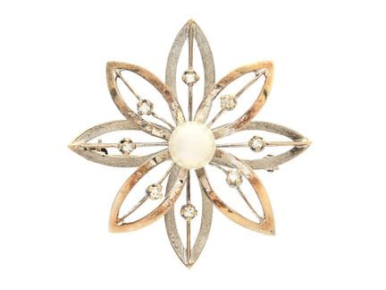BROCHE, oro blanco 18K, perla cultivada, diamantes