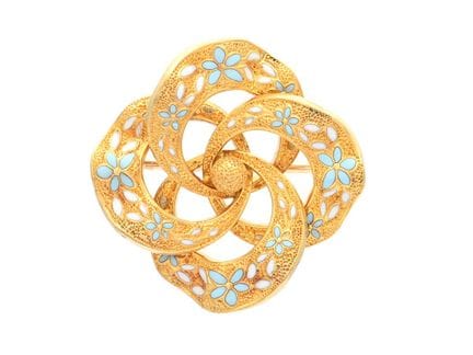 BROCHE, oro de 14 quilates, esmalte azul y blanco,