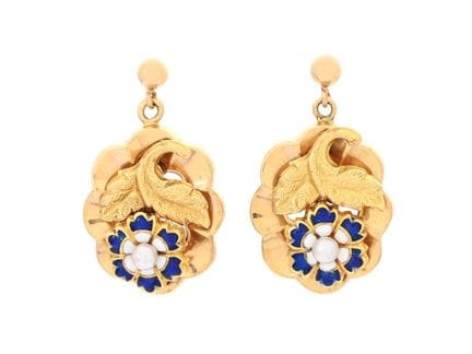 OHRRINGE, 18-karätiges Gold, Zuchtperlen, Emaille,