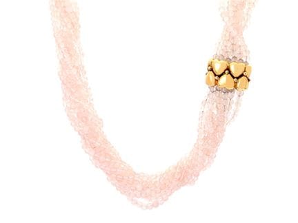 COLLIER, or 18 carats, perles de quartz rose d'env
