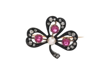 BROCHE, trébol, plata/oro de 9 quilates, perla ori
