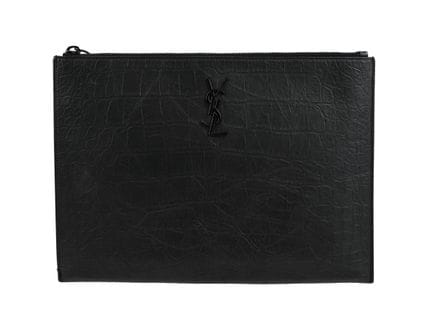 CLUTCH, SANIT LAURENT, cuir embossé noir, accessoi