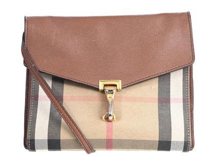 BORSA, BURBERRY, tessuto a quadri, pelle marrone, 