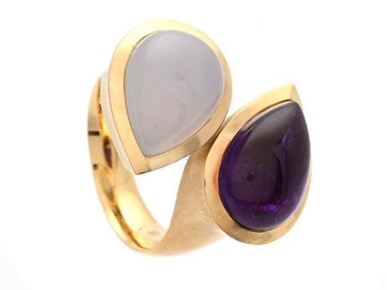 ANELLO, oro 18 carati, ametista e calcedonio a for