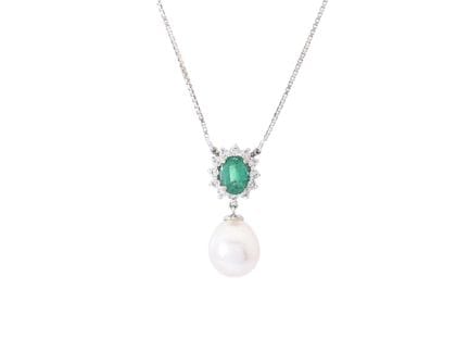 COLLANA, oro bianco 18 carati, smeraldo di circa 1