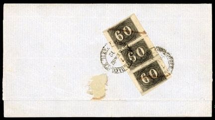 Brazil, 1850–1866, black 60r in a strip of 3, with