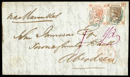 Hong Kong, 1863-1877, 2 c en color bistre y 30 c e