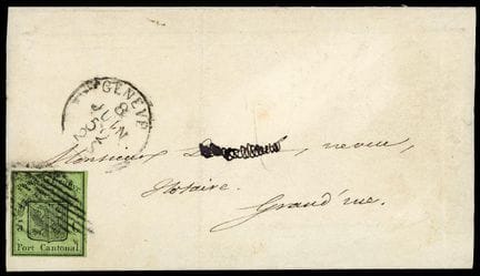 Schweiz, 1845–1848, 5 Centimes schwarz auf grün, O