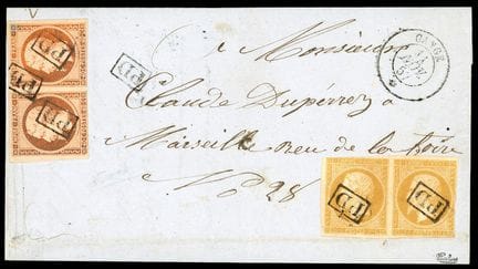 Francia, 1853-1860, par de sellos de 10 c en color