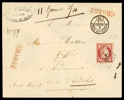 Francia, 1849-1850, 1f carmín OB PC 2754, C. ROZOY