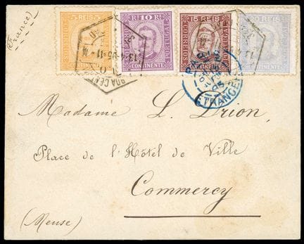 Portugal, 1892–1893, 5r gelb, 10r lila-rosa, 15r r