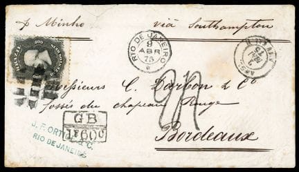 Brazil, 1866, 200r black OB, unmarked, “RIO DE JAN