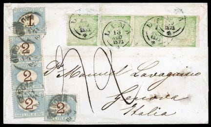 Peru, 1868, 1d grün-gelb (4er-Streifen) OB C. LIMA