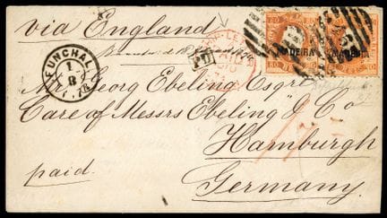 Madeira, 1871–1879, 80r orange (Paar, kleiner Fehl