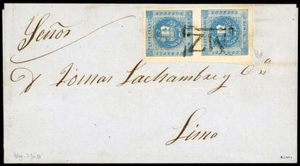Peru, 1859, 1d blau, paarweise, OB MZ, gerahmt auf