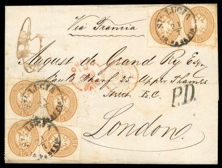 Lombardo-Venetien, 1864, 15s braun (6 Exemplare, M