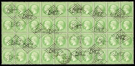 Monaco, Frankreich, 1862, 5c grün im Block zu 40 E