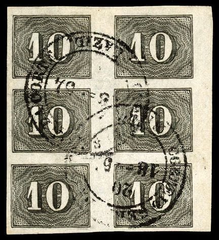 Brazil, 1850–1866, black 10r in a block of 6, canc