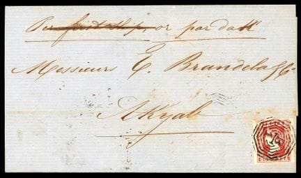 India británica, 1854, 1a roja (lámina III) OB B/1