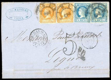 España, 1861-1862, 4c naranja (2 ej.) y 1r azul (2
