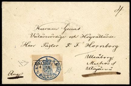 Finlandia, 1856, sello de 5 k azul OB C. BRAHESTAD