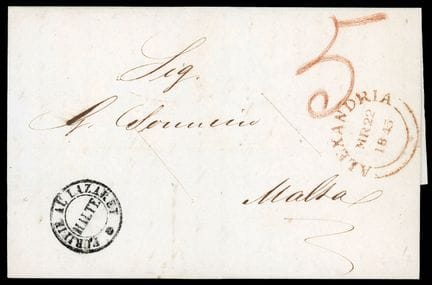 Malta, Stempel „PURIFIE AU LAZARET/MALTE“ auf eine