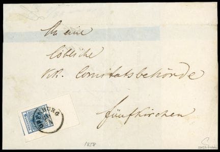 Austria, 1850, 9k blue, sheet corner, OB C. ODENBU