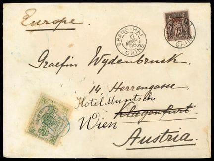 China, 1895, 9c green OB in blue, and French China