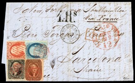 Estados Unidos, 1857-1861, 1 céntimo azul, 3 cénti