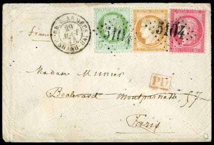 Francia, 1871-1875, 5 v verde, 15 c marrón y 80 c 