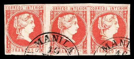 Filipinas, 1859-1861, 5 c. bermellón en serie de 3