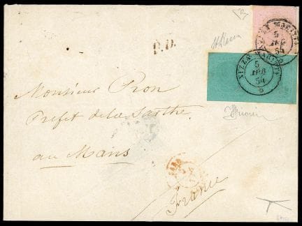 Sardinien, 1853, 5c grün im Paar und 40c rosa OB C
