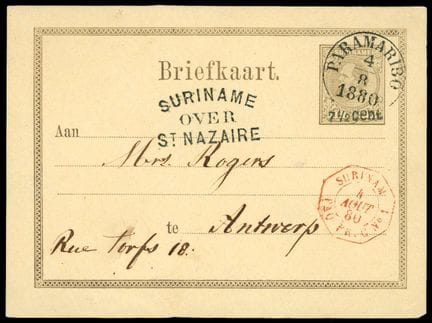 Surinam, Ganzsache 7 1/2 c auf 15 c braun (Postkar