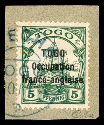 Togo, 1915, 5 Pf. grün OB in Blau auf Fragment, si