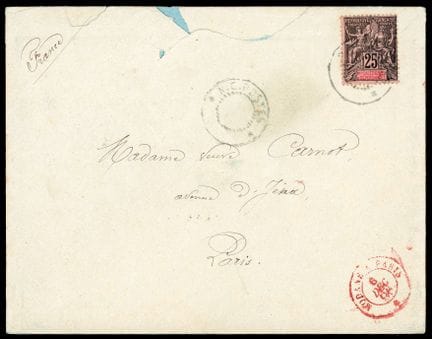 New Caledonia, 1892, 25c black on pink, first-day 