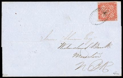 Nuevo Brunswick, 1851, 3 p. rojo, OB «26» en un óv