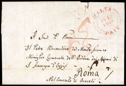 Malta, roter Stempel „MALTA/PAID“ auf einem Brief 