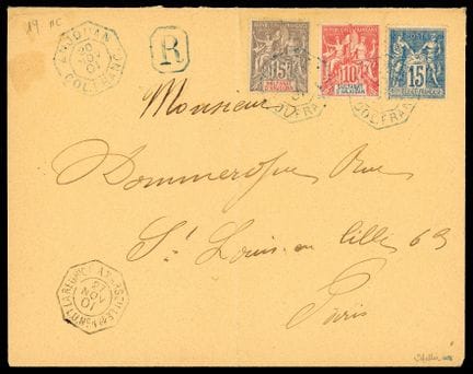 Anjouan, 1900–1907, 10c red and 15c gray, and Fran