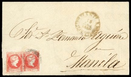 Filipinas, 1859-1861, 5 c. bermellón en par (1 eje