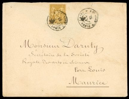 Reunion, France, 1877–1880, 25c bistre on yellow O