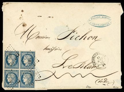 Francia, 1849-1850, 25 céntimos azul en bloque de 