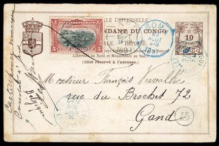 Belgian Congo, Postcard (reply card) 10c brown and