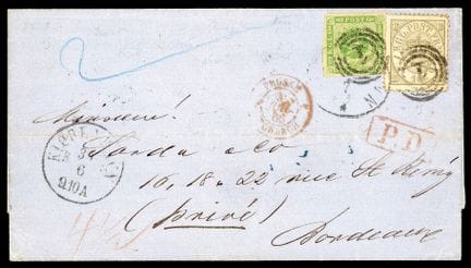 Dinamarca, 1858-1863, 8s verde y 1864, 16s oliva O